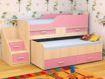 Кровать детская Лесики двухместная 1.8  Дуб молочный/Розовый в Ирше - irsha.mebel54.com | фото