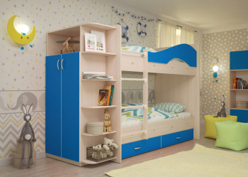 Кровать Мая двухъярусная с ящиками и шкафом Млечный дуб/Голубой в Ирше - irsha.mebel54.com | фото