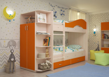 Кровать Мая двухъярусная с ящиками и шкафом Млечный дуб/Оранжевый в Ирше - irsha.mebel54.com | фото
