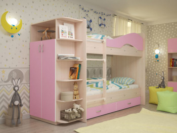 Кровать Мая двухъярусная с ящиками и шкафом Млечный дуб/Розовый в Ирше - irsha.mebel54.com | фото