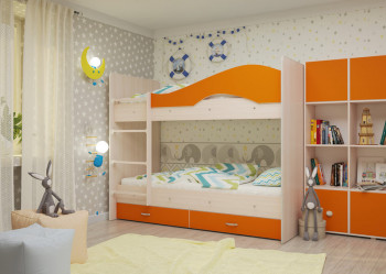 Кровать Мая двухъярусная с ящикамиМлечный дуб/Оранжевый в Ирше - irsha.mebel54.com | фото