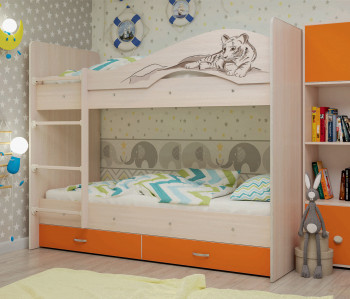 Кровать Мая-Сафари двухъярусная с ящикамиМлечный дуб/Оранжевый в Ирше - irsha.mebel54.com | фото
