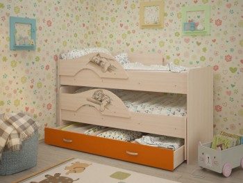 Кровать выкатная Радуга-Сафари детская 1600 Млечный дуб/Оранжевый в Ирше - irsha.mebel54.com | фото