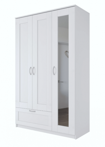 Шкаф трехдверный Сириус с зеркалом и 1 ящиком белый в Ирше - irsha.mebel54.com | фото
